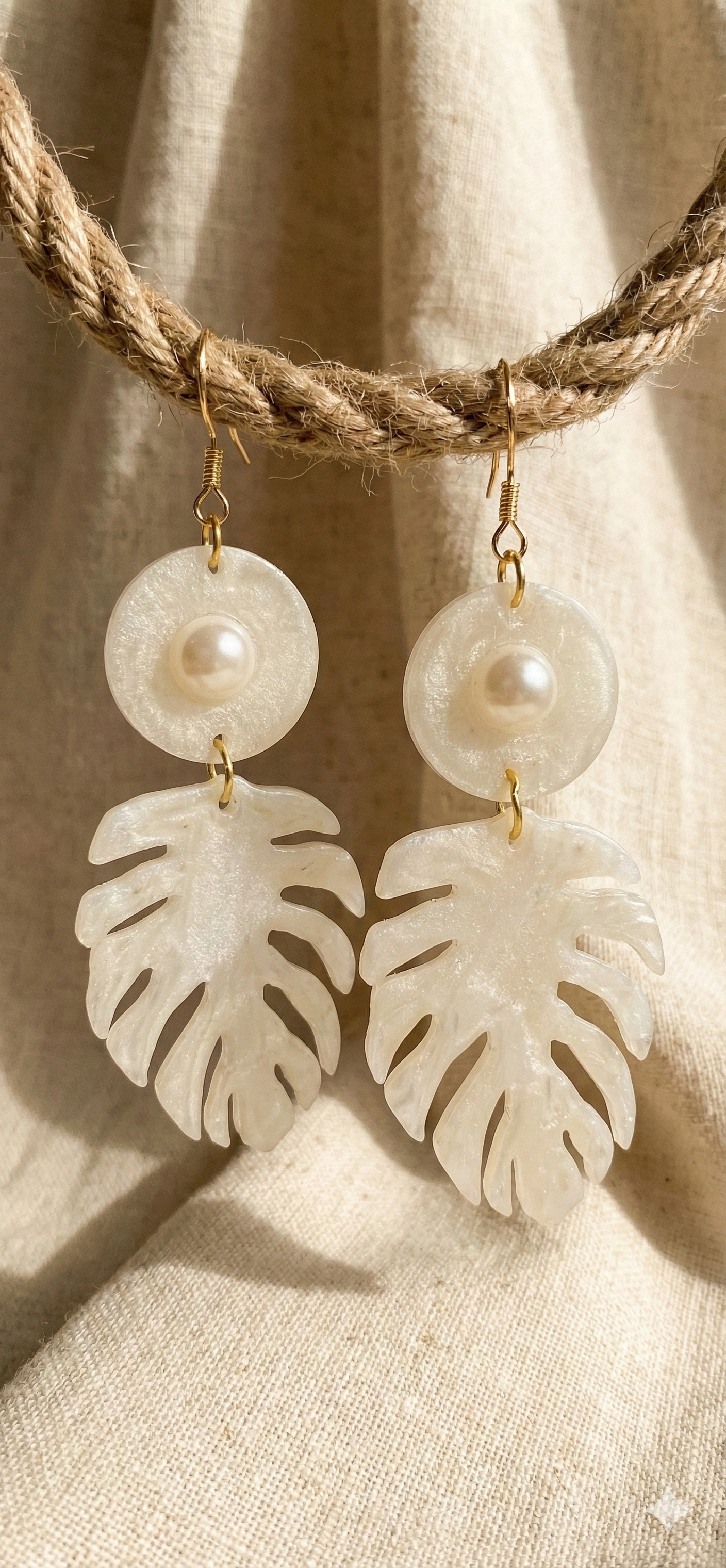 White Monstera Pearl Drop Earrings