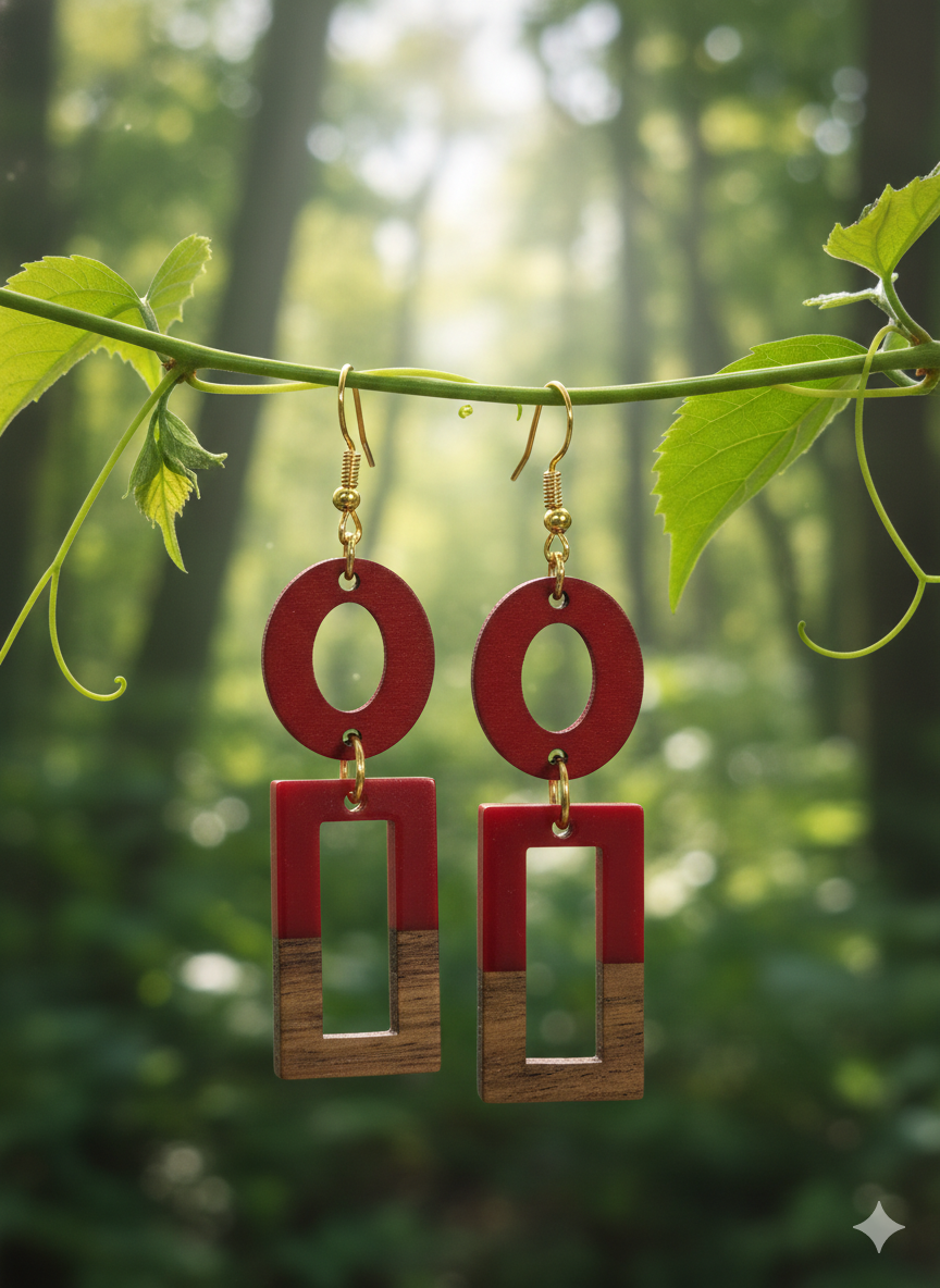 Wood & Crimson Drop Earrings