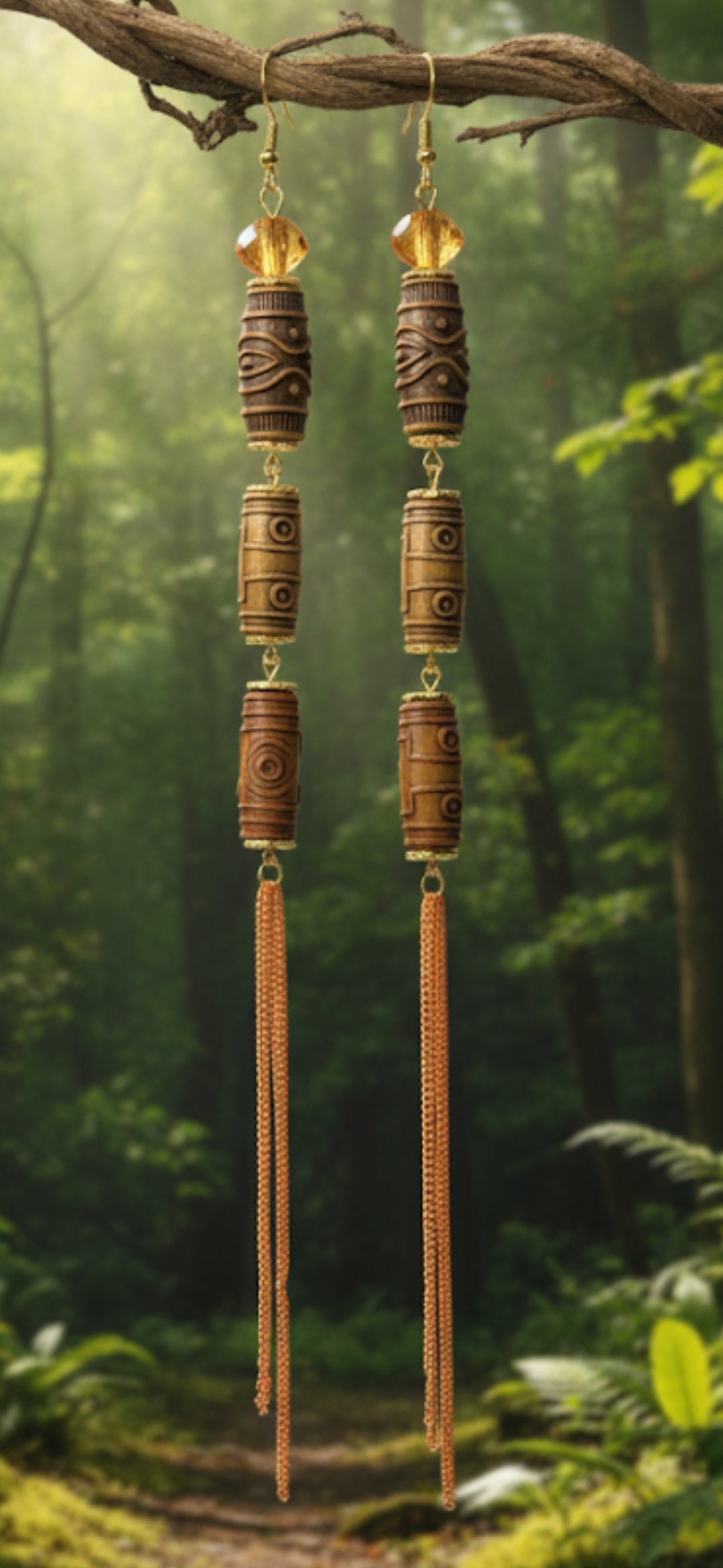 Carved Totem Tassel Earrings