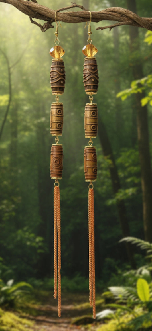 Carved Totem Tassel Earrings