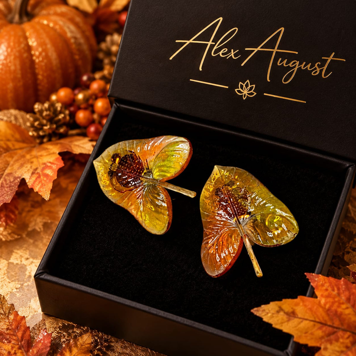 Amber Anthurium Leaf Clip-On Earrings