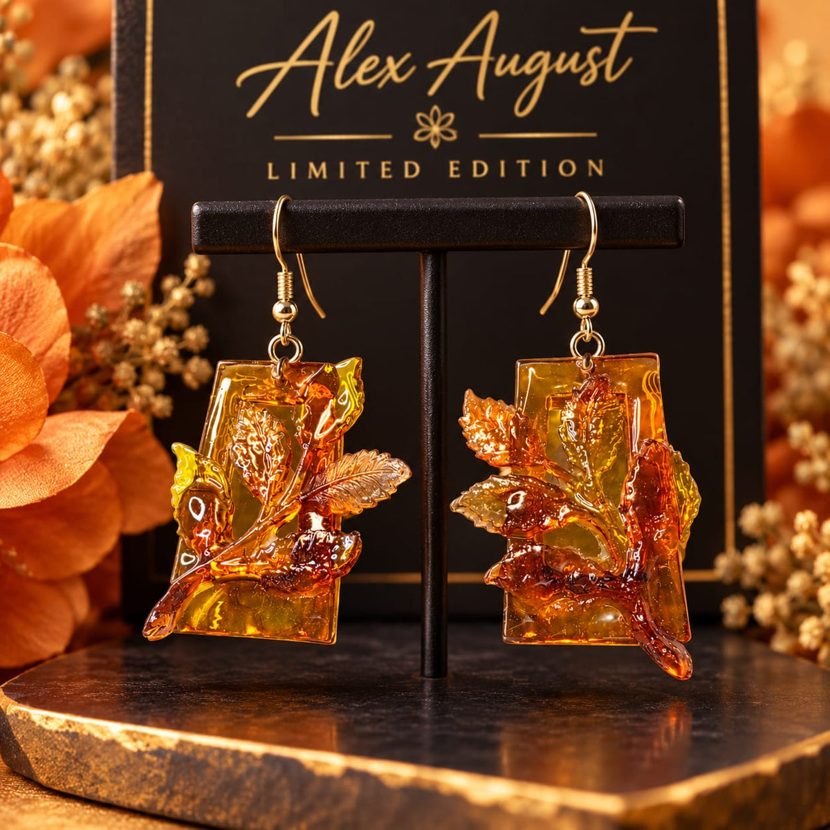 Amber Leaf Branch Panel Drop Earrings