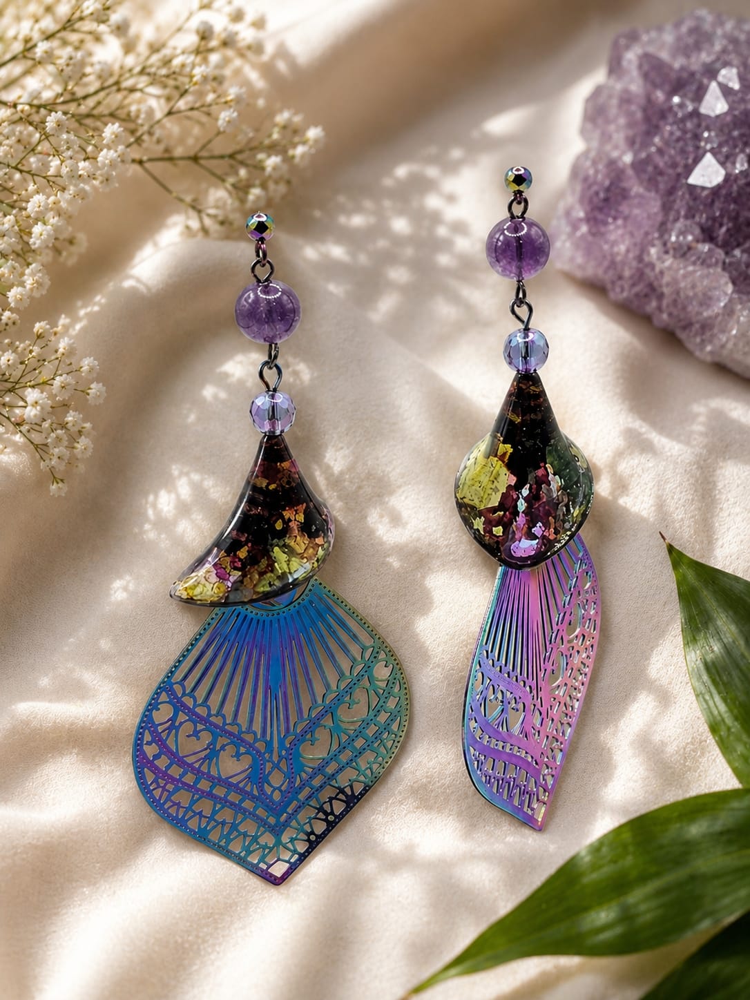 Amethyst Filigree Fan Drop Earrings