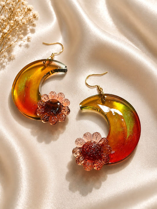 Golden Crescent Blossom Drop Earrings