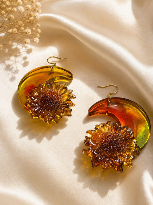 Sunlit Sunflower Crescent Drop Earrings