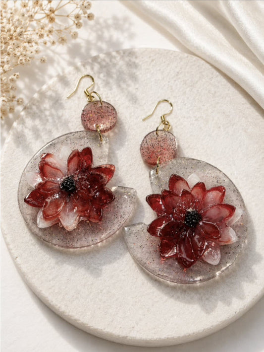 Wine Dahlia Shell Drop Earrings